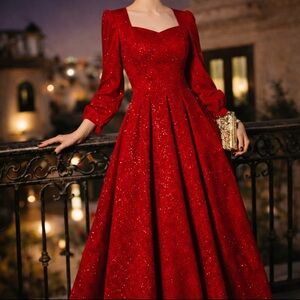 Women’s Elegant Long-Sleeve Red Sequin Evening Dress | Square Neck A-Line Gown